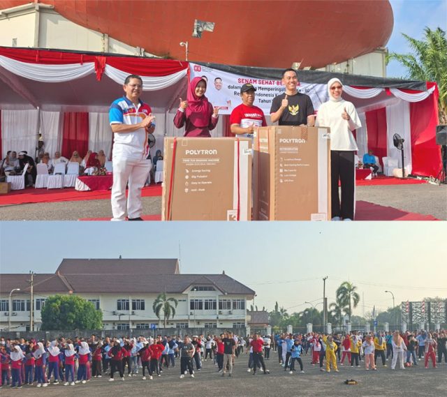 Bupati OKI H.Muchendi berikan doorprize kepada pemenang senam sehat bersama Dispora OKI 2025